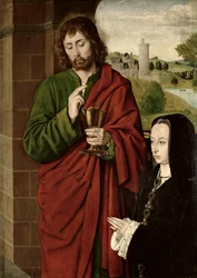 Anne of France (1462-1522) Lady of Beaujeu, Duchess of Bourbon, presented by St. John the Evangelist, right hand wing of a triptych, c.1492-93